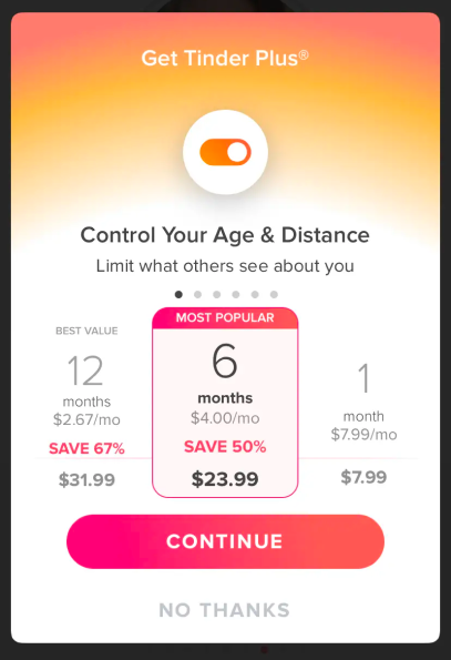 Tinder pricing page : descending price anchoring